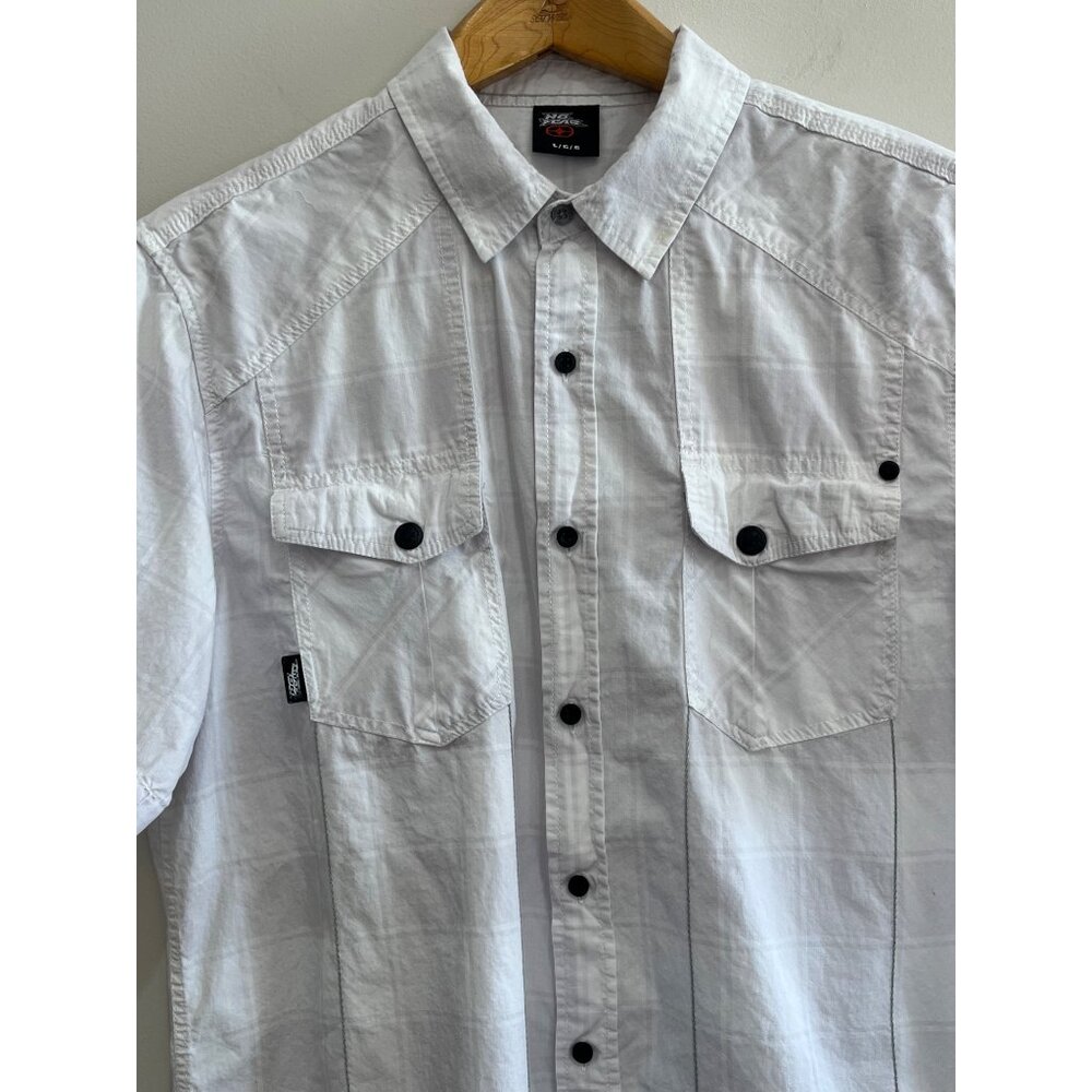 Y2K No Fear Button Up Shirt Mens L White Pockets Double Stitching Short Sleeve - Picture 2 of 9